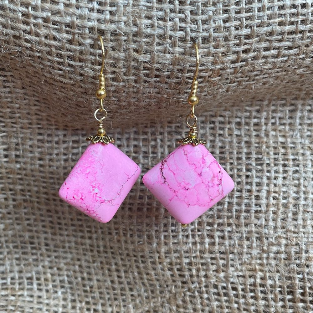 Pink Howlite Square Gemstones Pierced Drop Earrings NWOT